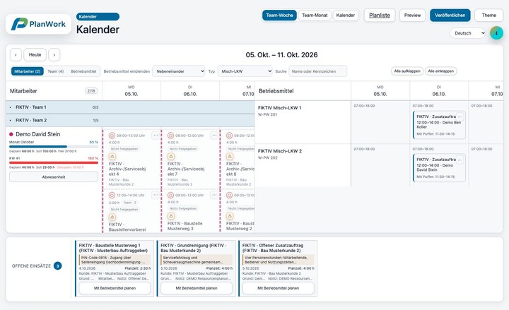 PlanWork Kalender des fiktiven Baubetriebs mit Teams und Baustelleneinsätzen