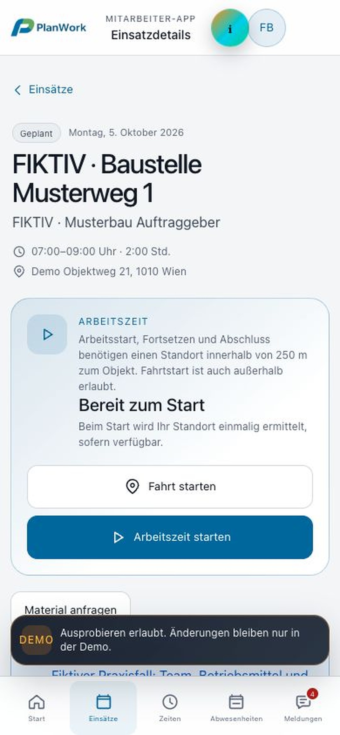 PlanWork Workhub mit dem persönlichen Einsatz eines fiktiven Mitarbeiters