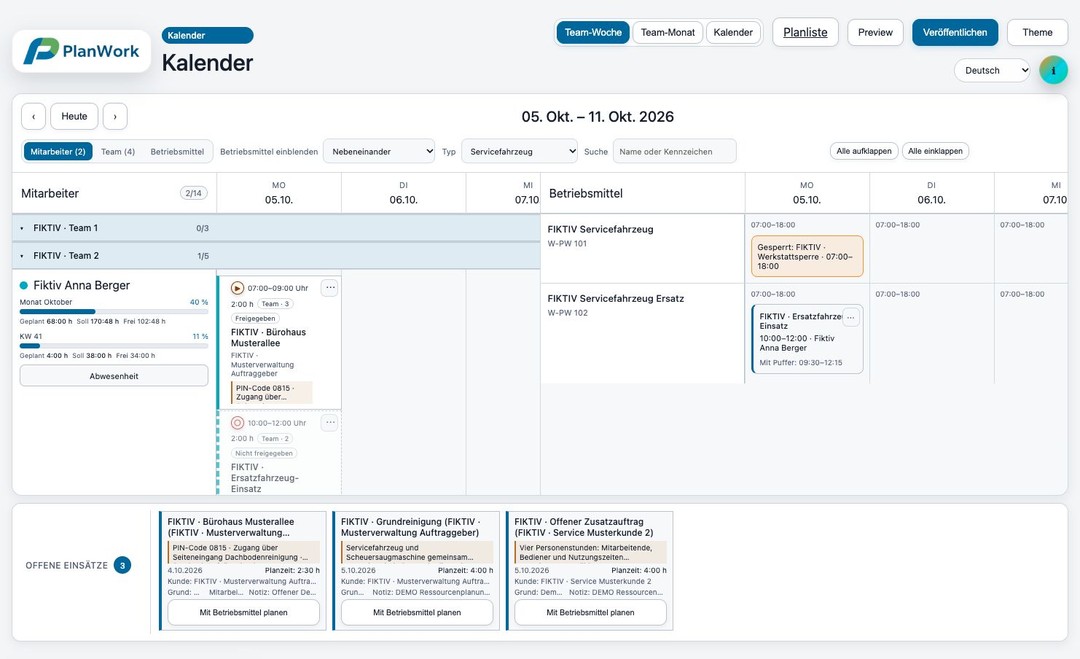 PlanWork Kalender mit der Objektserie des fiktiven Gebäudeservice