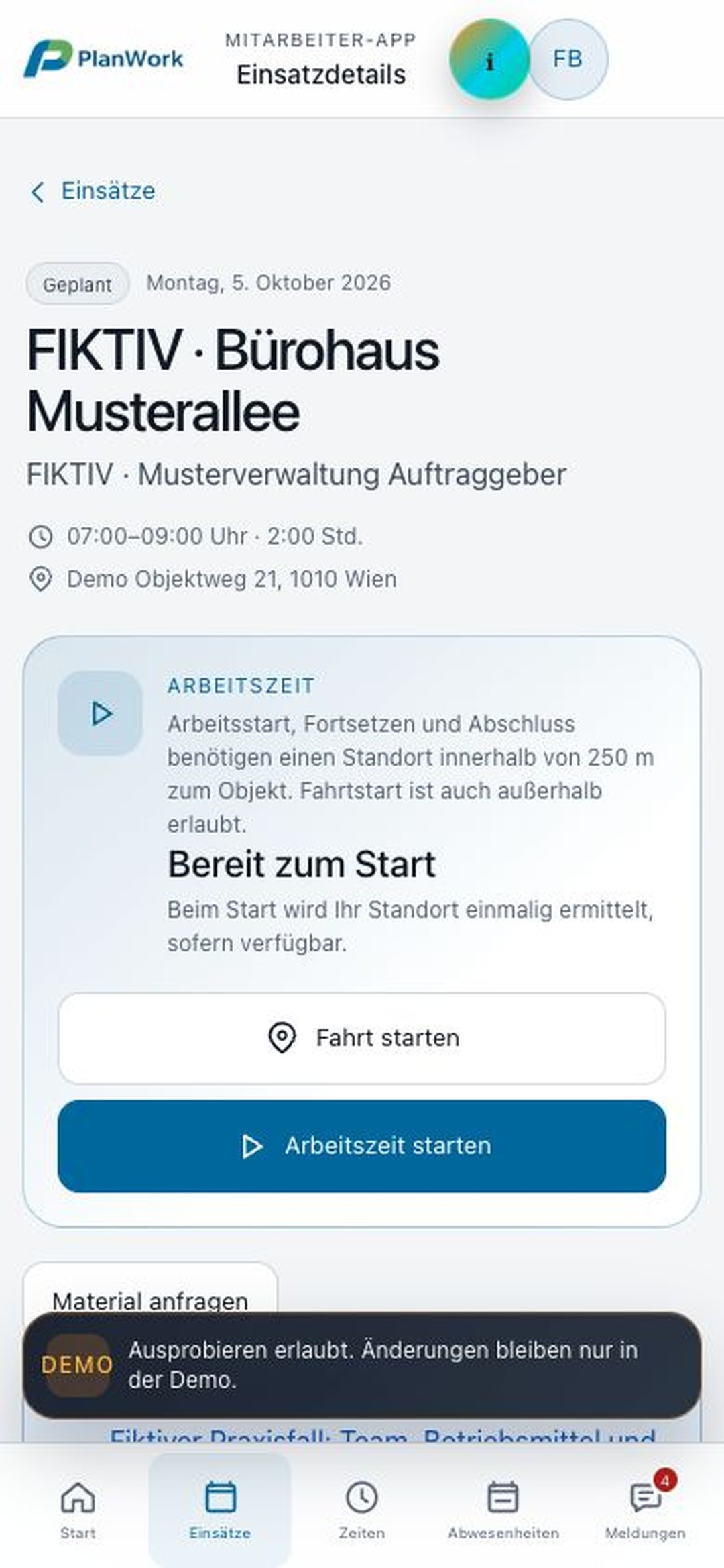 PlanWork Workhub für den fiktiven Gebäudeserviceeinsatz