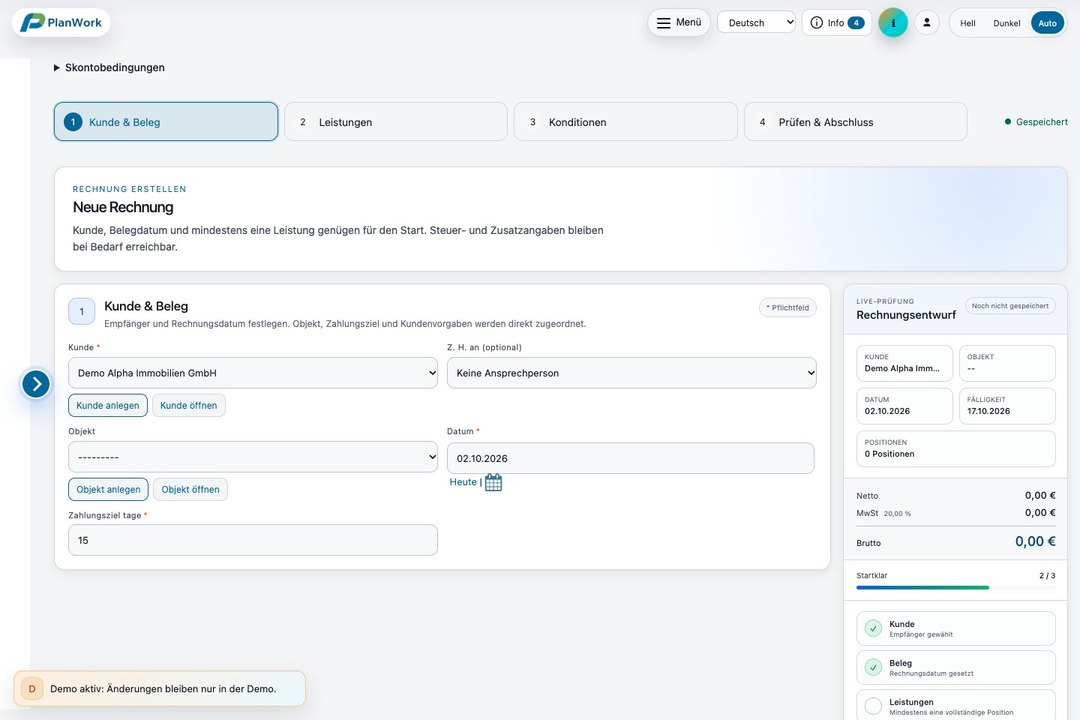 PlanWork Dokumentassistent für eine neue Rechnung mit Kunde und Belegdaten; Demo mit Beispieldaten