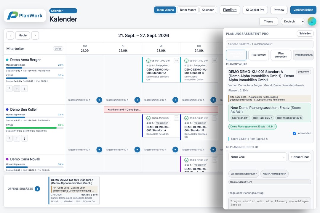 PlanWork Planungsassistent mit regelbasierten Vorschlägen und neuem, leerem Chat; KI-Anbindung in dieser Demo deaktiviert