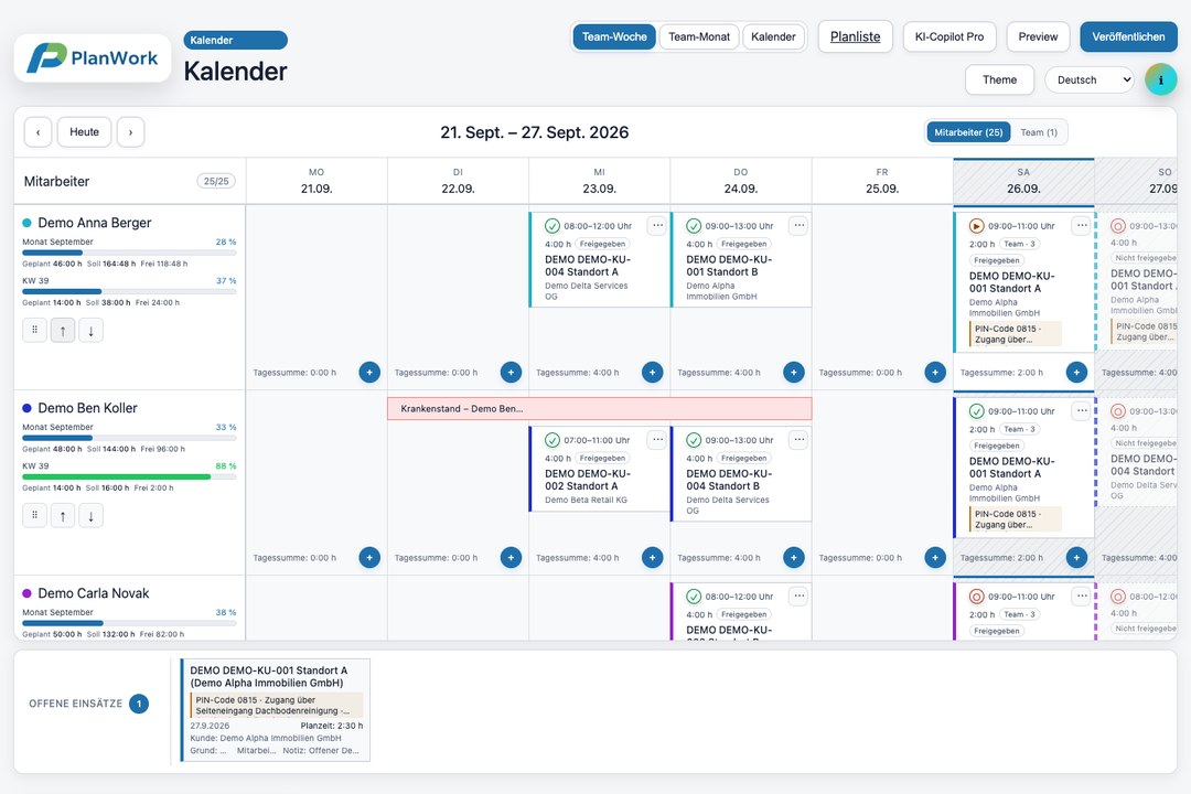 PlanWork Teamkalender mit Beispieldaten